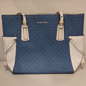 Michael Kors Blue and White Logo-Print Tote with Gold Hardware